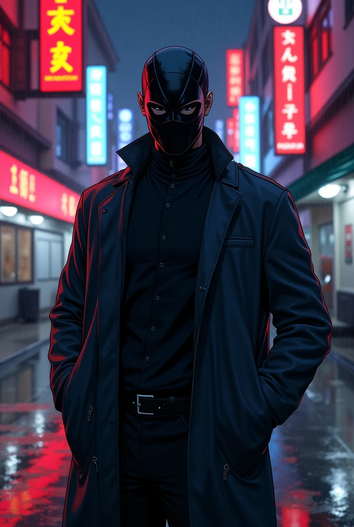 modern man with mask and katakana in anime dark style