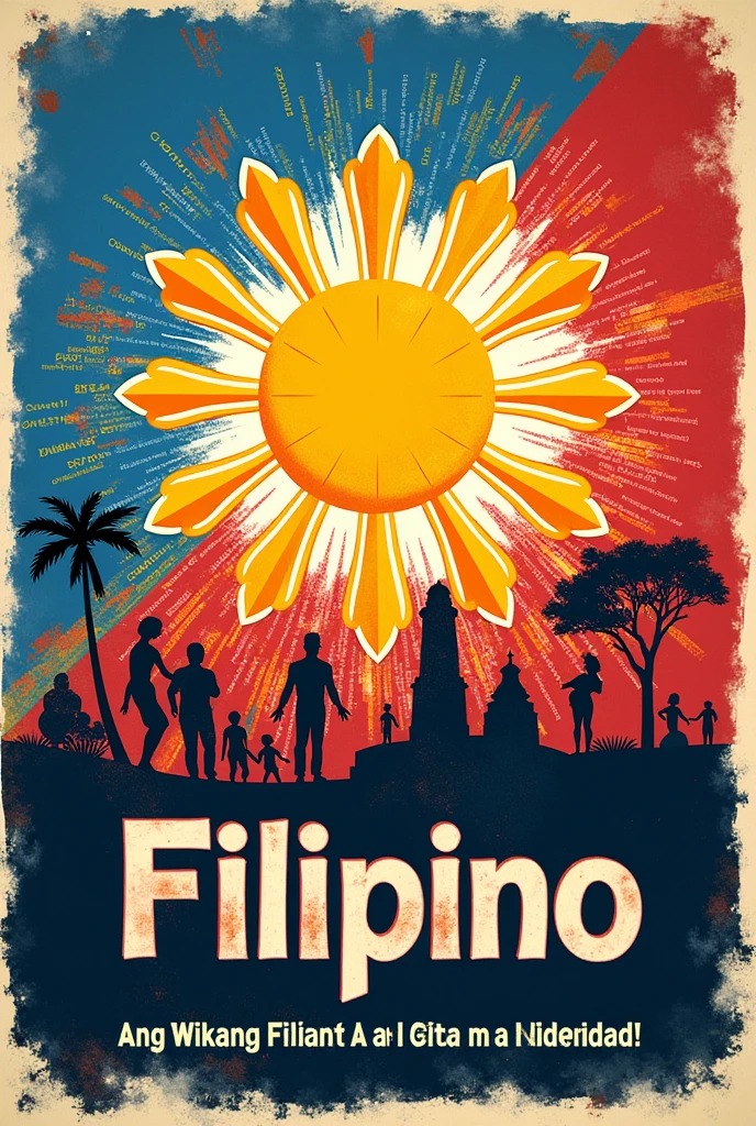 Title: "Filipino: Wikang Mapagpalaya"
Design:
- Background: Use colors inspired by the Philippine flag (blue, red, yellow, and white) to symbolize patriotism and unity.
- In the center, feature a prominent image of a stylized Philippine sun with rays extending outward, representing enlightenment and freedom.
- Surrounding the sun, incorporate various Filipino words and phrases in bold, vibrant fonts to highlight the richness and diversity of the Filipino language.
- Include images or symbols of key Filipino cultural elements, such as the Philippine flag, traditional clothing, indigenous patterns, and iconic landmarks to celebrate Filipino heritage.
- At the bottom, include a powerful slogan like "Ang Wikang Filipino: Susi sa Kalayaan at Identidad!" (The Filipino Language: Key to Freedom and Identity) to convey the message of linguistic empowerment and national pride.