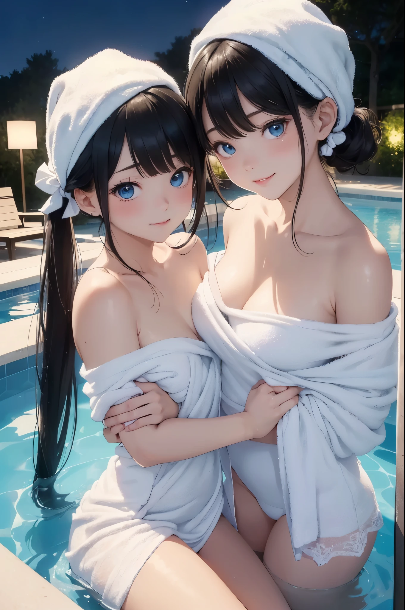 ((masterpiece)), ((highest quality、Ultra high definition)), (Very detailed),((8k、Photo quality))、((Amazingly cute girl))、(16-year-old girl,)、Two people, , (Beautiful emerald blue eyes), ((smile)),((A luxurious Japanese-style open-air bath at a high-class hotel)), Beautifully arranged black hair in twin tails、Slim Body、(Cute little breasts)、(((They are wearing a white bath towel wrapped around their body.)))、Professional Lighting、(White lace knee-highore detailed and beautiful)、(More details and cutenesore realistic)、((Just wear light clothing))、Frolic in the pool、(Too cute)、(The embodiment of cuteness)、(Godly cuteness)、((Night view))、((It seems visible but it&#39;s not))、