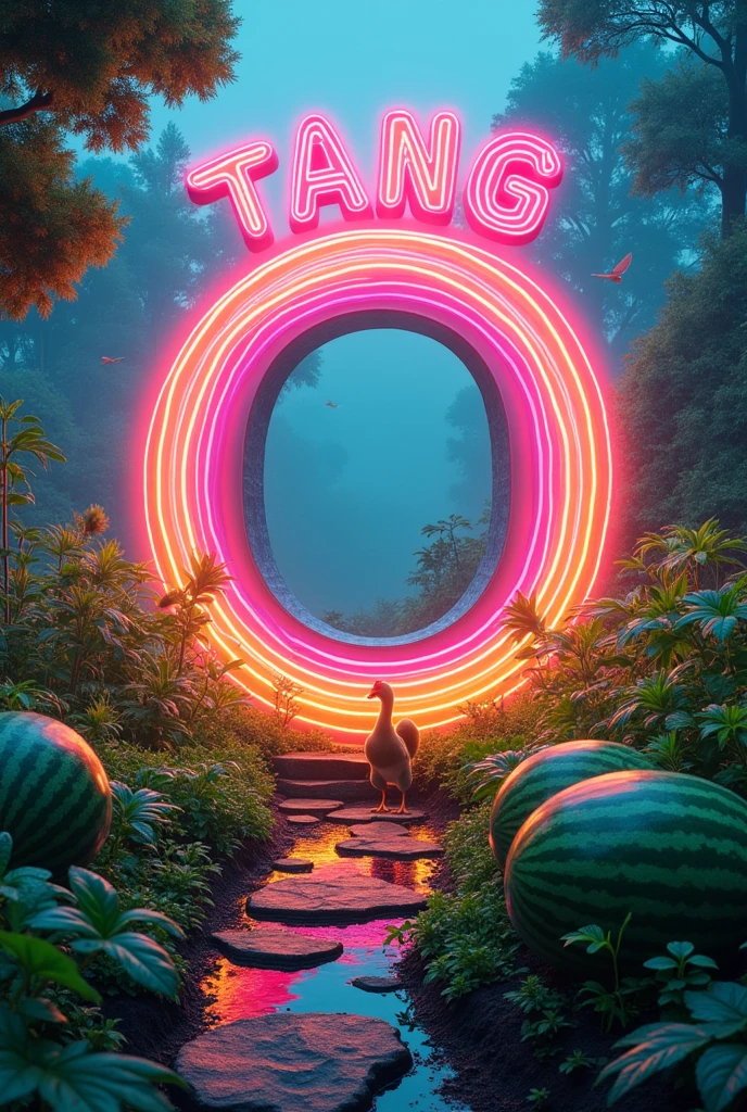 There is a hidden childishness.Make letters stand out.Make it look like the future.Make a logo with the word Tang O. Make the picture cool. make it interesting. Make photos look mysterious and futuristic. There is a vegetable garden and bright colors in the background.There are chickens and ducks and watermelons in the vegetable garden.
