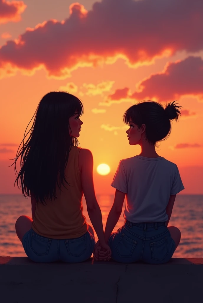 A couple of girls, a dark brunette latina, with straight black hair, and the other girl is white with short black hair like a man with man features, hand holding, being in love, sitting watching the sunset, while the brunette rests her head on the other girl's shoulder.