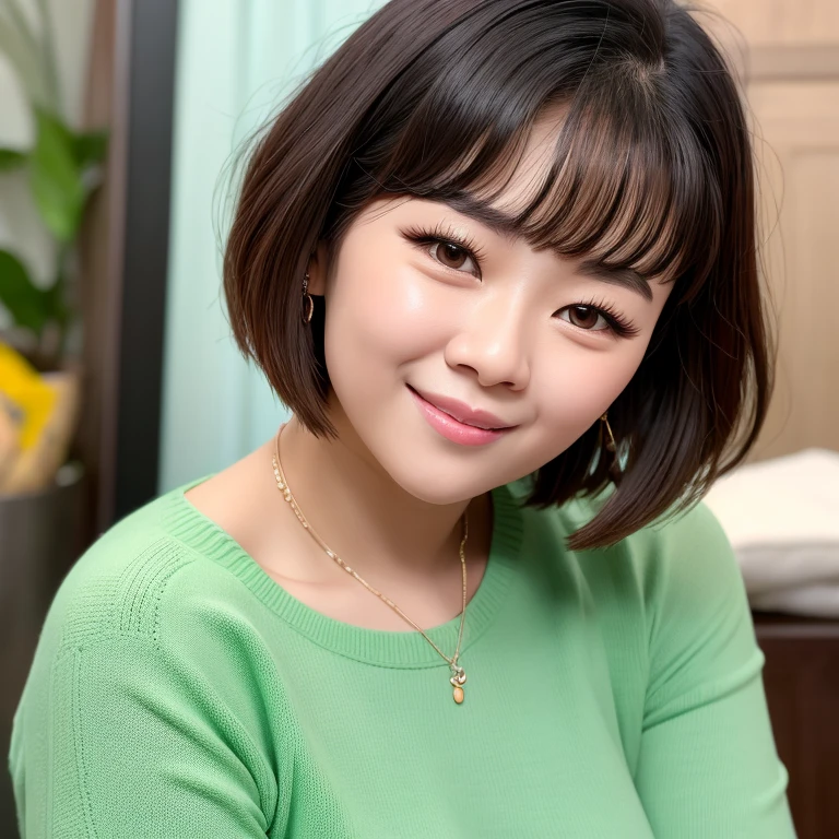 arafed asian woman with short hair and a green sweater, young charming korean face, Portrait of a Korean Idol Girl, beautiful young Korean woman, cute korean actress, with short hair, Actress from Korea, gorgeous young Korean woman, Young cute pale asian face, beautiful south Korean woman, Korean symmetrical face, girl with a cute face, korean girl, Korean woman