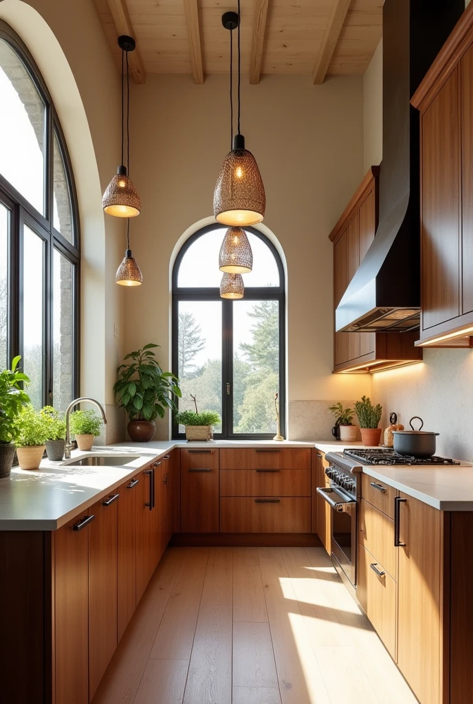 Beige and wooden finish L shape kitchen with loft