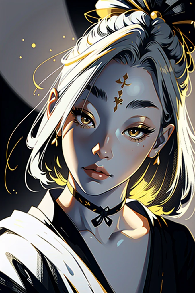 (1 girl: 1,3), ((black and white)), geisha, ((zen)), (masterpiece, highest quality, best quality: 1,3), extremely detailed background, Zen calligraphy, unique visual effect. behind, curvy, golden hair. realistic. golden hair. The whole body+