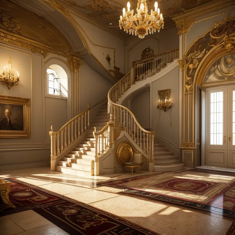 there is a large room with a staircase and a spiral staircase, futuristic persian palace, Unreal engine cgsociety, A throne room with an exquisite design, unrealistic rendering on the engine, unreal engine 5 : :, futuristic palace, rendering in luminone, Unreal HD Rendering Engine, unrealistic rendering on the engine saint seiya, rendering in luminone pro, unreal engine 5 render, unreal engine 5 »  