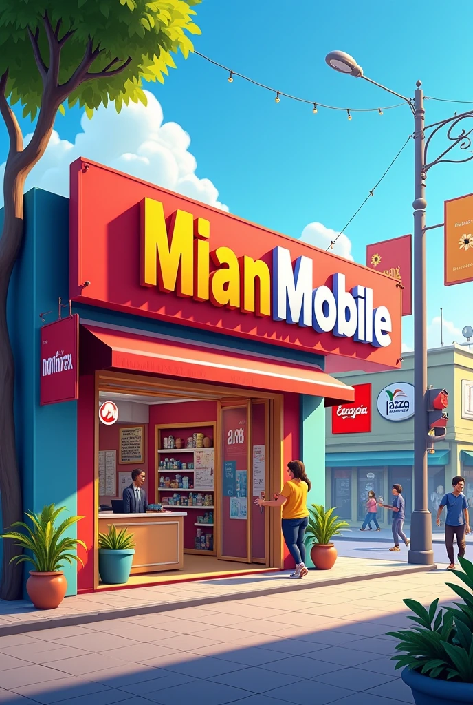3d mobile shop front photo  with name Mian  Mobile & customer service  and jazzcash easypaisa branding Facebook cover photo 
