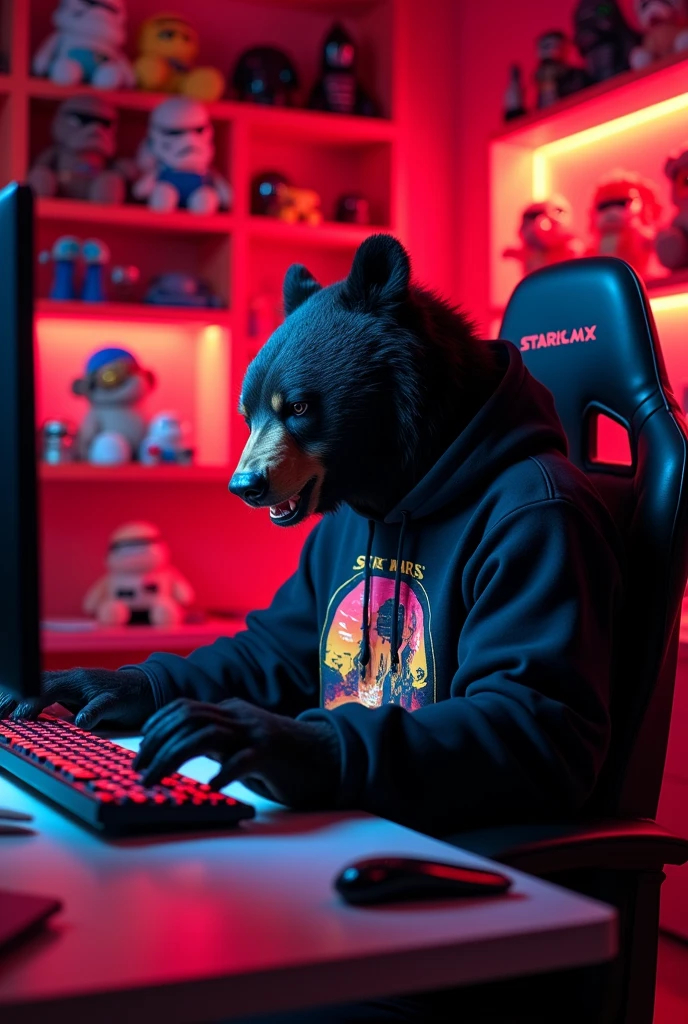 A black bear (animal) angry and growling while playing on his computer. Has a gamer office with red lights in the background. He is sitting in a gaming chair. He has a sweatshirt. Star Wars things for decoration. Estilo Ghostmix.