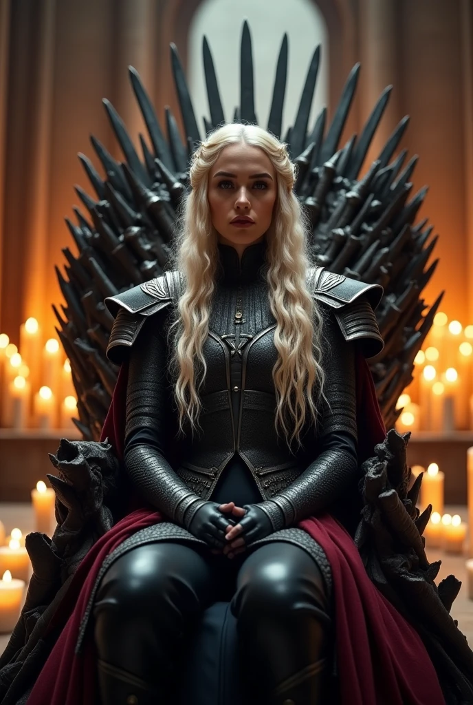 A beautiful Aesthetic Daenerys Targaryen with long curly platinum blonde hair, she's wearing a royal black Armour suit with Dark Red cloak on her right back shoulder, She's sitting on the Iron throne on a large throne room, Walls are decorated with candles,long camera shot 