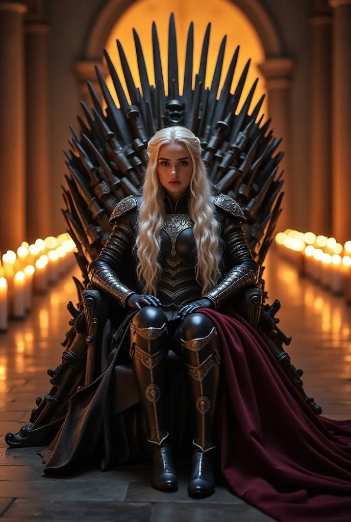 A beautiful Aesthetic Daenerys Targaryen with long curly platinum blonde hair, she's wearing a royal black Armour suit with Dark Red cloak on her right back shoulder, She's sitting on the Iron throne on a large throne room, Walls are decorated with candles,long camera shot