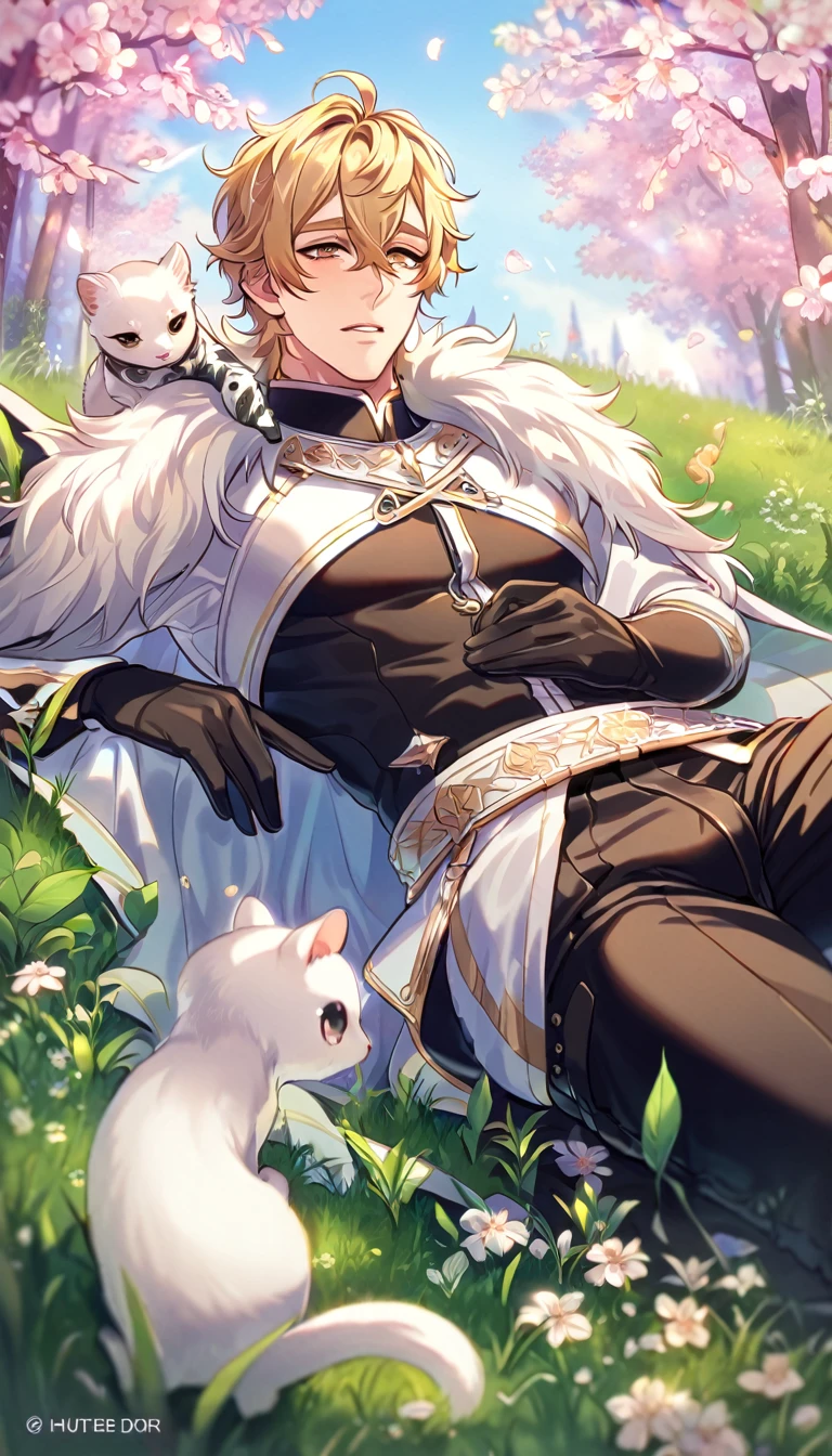 absurdres, highres, ultra detailed, HDR, master piece, best quality, extremely detailed, detailed eyes, detailed face, Quincy, blonde hair, messy hair, hair between the eyes, expressive amber eyes, Nu Carnival, solo, sexy man, lying down on the grass, horny, lewd, handsome, fantasy, white and black leather clothes, cape with a high fur collar, black gloves, black pants, spring, flowers, green leaves, magical forest, dark fantasy, blue sky, white cute small ferret on his shoulder