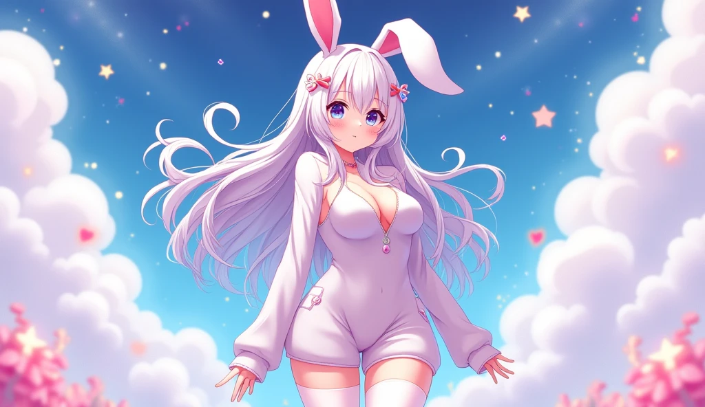 (fluffy anthro furry :1.3),white rabbit girl,white rabbit ears,white rabbit tail,naked,flower bathing,white light,sparkle background,glistering stardust around girl,looking at viewer,relax face,full face blush,open mouth,wet hair,very hot,armpits fur