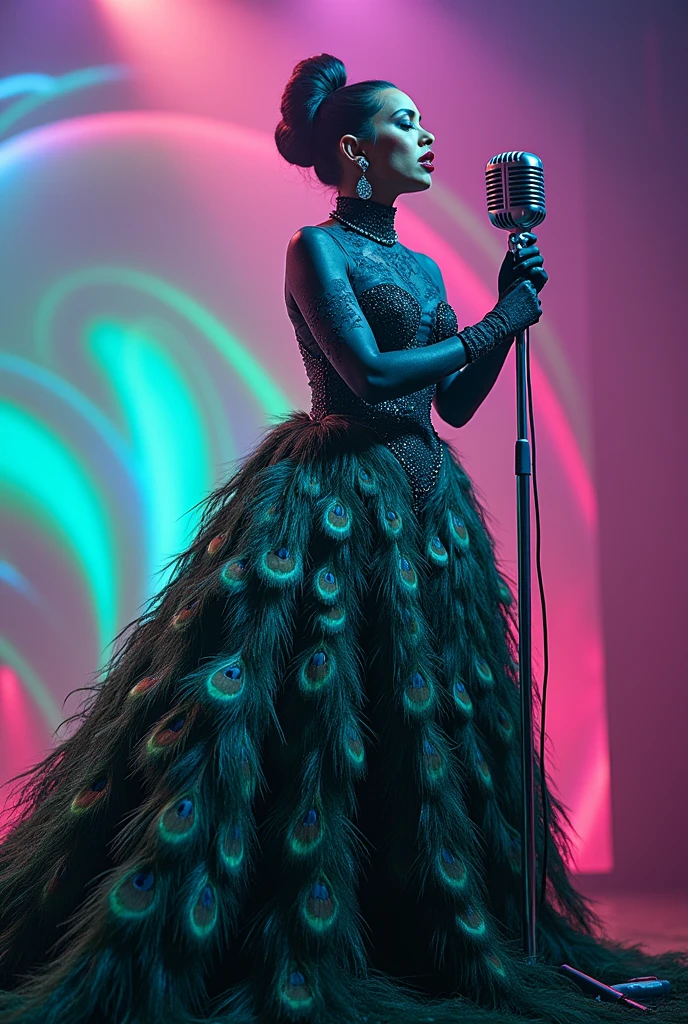 Make a female peacock, realistic with humanoid features, who would be a pop singer, inspired by the looks of Melanie Martinez and Lana Del Rey, with a hint of Amy Winehouse