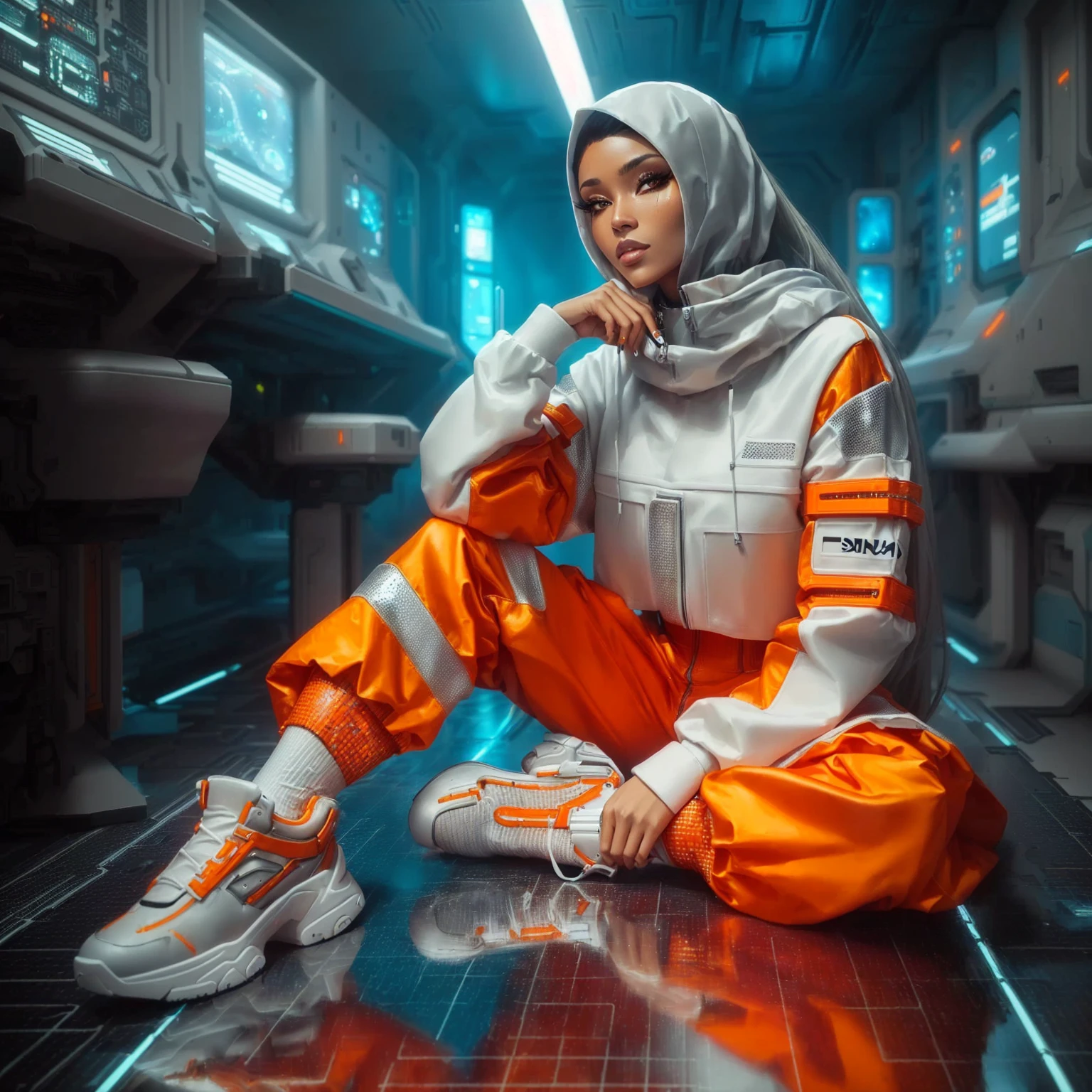 arafed woman in orange and white outfit sitting on floor in space station, futuristic style, wearing futuristic clothing, cyberpunk streetwear, wearing futuristic, retro futuristic style, wearing cyberpunk streetwear, wearing space techwear, futuristic aesthetic, retro futuristic fashion, science fiction style, futuristic clothes, futuristic fashion, cyber universe style, futuristic art style, sci-fi style, futuristic attire
