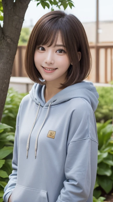 (((garden:1.3, Photographed from the front))), ((Brown Medium Bob:1.3, Great style:1.2, A shy smile:1.2, cute color hoodie, Japanese women, cute)), (clean, Natural Makeup), (Highest quality, masterpiece:1.3, super High resolution), (Very detailedな, Caustics), (Realistic:1.4, RAW shooting), Very detailed, High resolution, 16K resolution , Big eyes:1.3, random cute pose