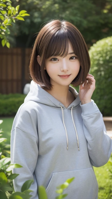 (((garden:1.3, Photographed from the front))), ((Brown Medium Bob:1.3, Great style:1.2, A shy smile:1.2, cute color hoodie, Japanese women, cute)), (clean, Natural Makeup), (Highest quality, masterpiece:1.3, super High resolution), (Very detailedな, Caustics), (Realistic:1.4, RAW shooting), Very detailed, High resolution, 16K resolution , Big eyes:1.3, random cute pose