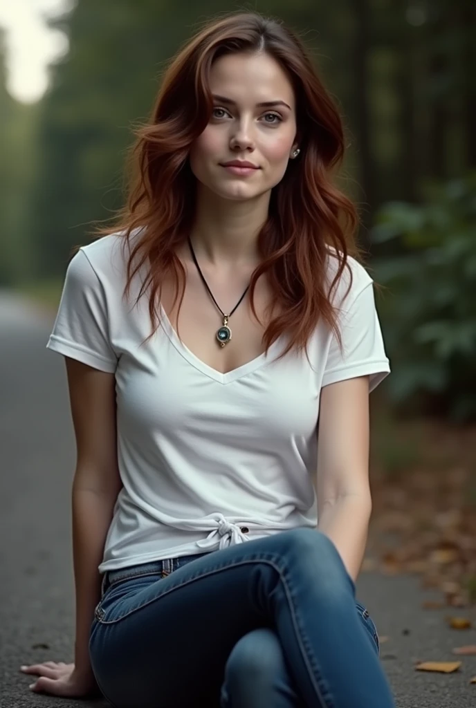 kristen stewart, look like bella swan in twilight, 4k, sit on tesla, white T-shirt, deepblue jean
