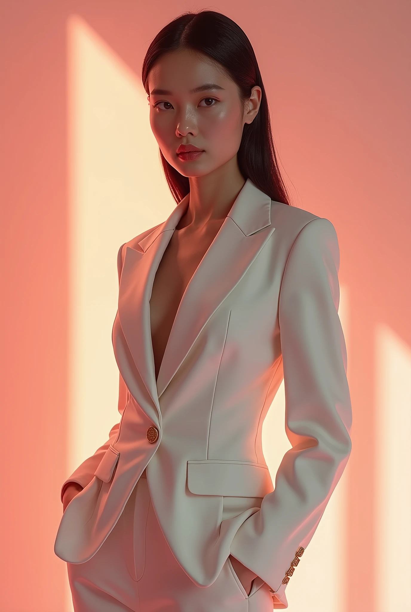 Create a fashion poster featuring a women's blazer as the main product, with the brand name 'N'Lin' prominently displayed in the image. The poster should exude elegance and sophistication, appealing to young women with a refined and trendy sense of style. Use a minimalist design with a clean background, focusing on the blazer's details and quality. The typography should be sleek and modern, and the placement of 'N'Lin' should be tasteful yet noticeable, reinforcing the brand's identity within the high-fashion market