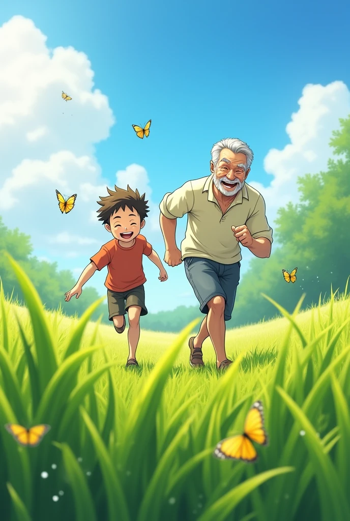 
 grandson runs fast and the grandfather chases him  faddy field
