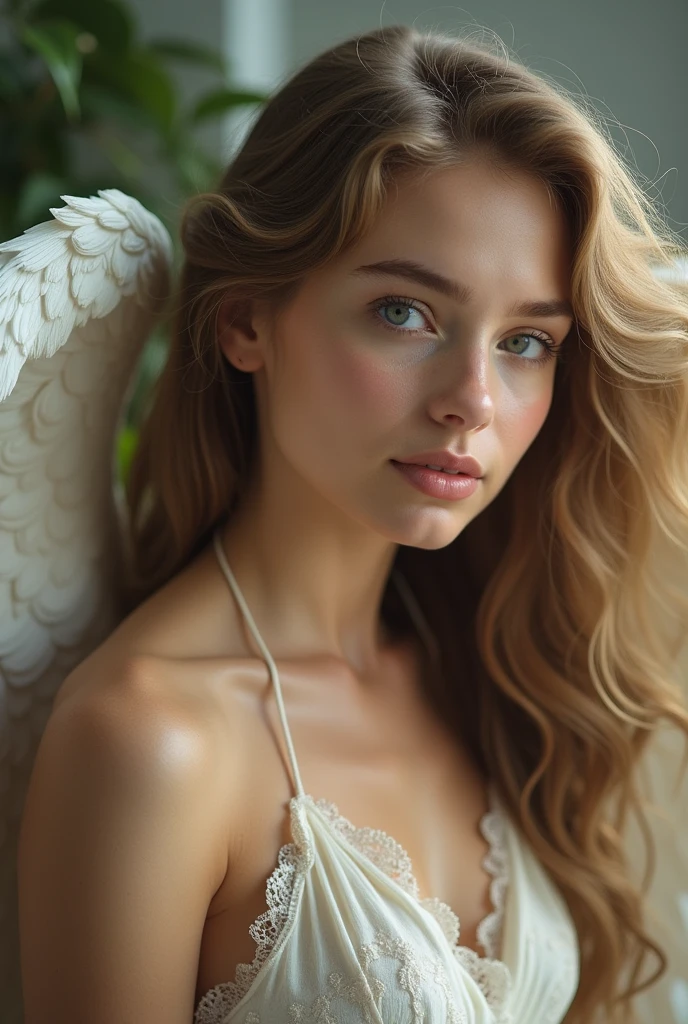 A beautiful angel gazing at you with moist eyes, whole body, Daytime