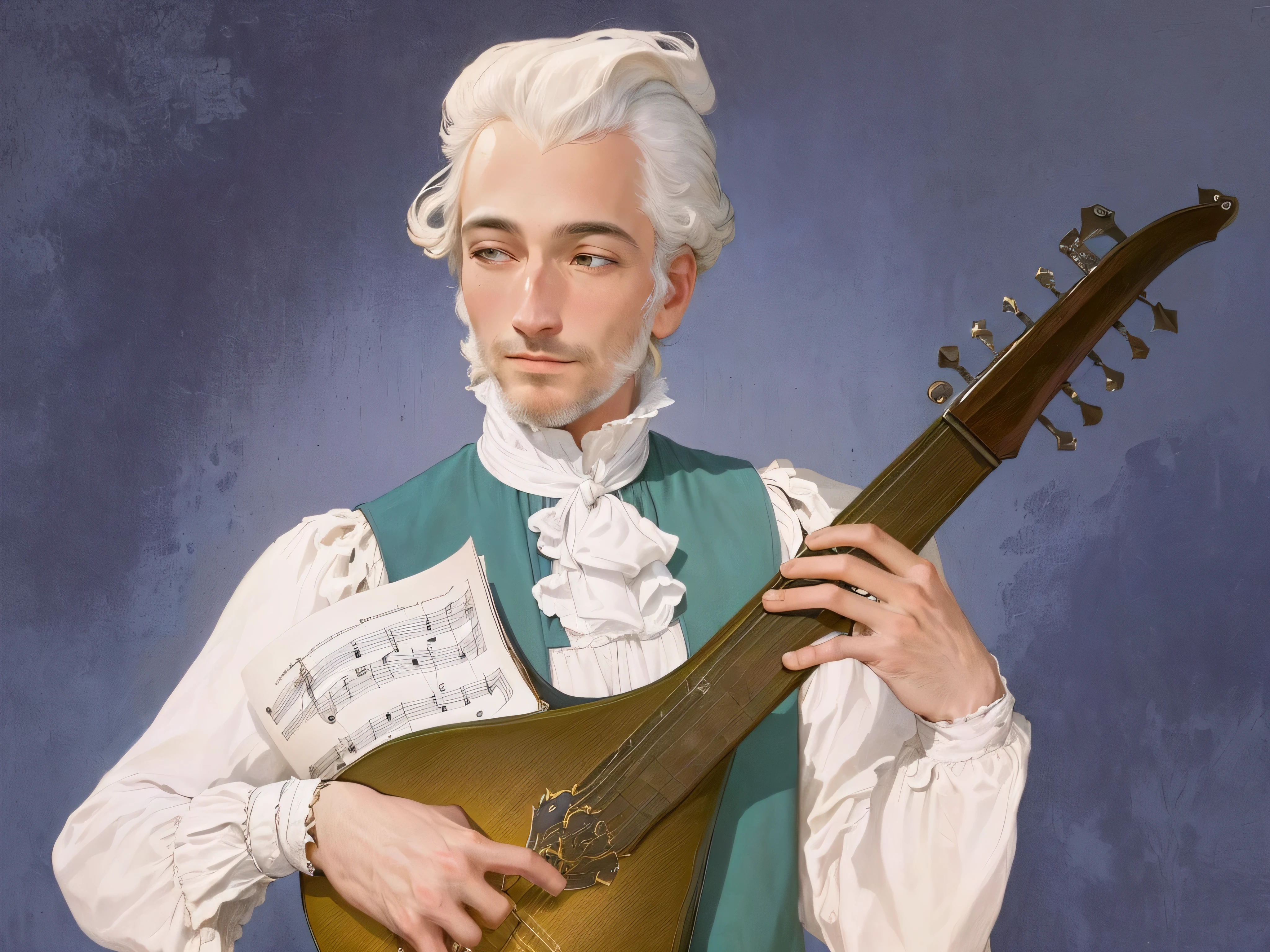 arafed image of a man holding a mandolin and sheet music, a human bard, holding a lute, inspired by Matthias Stom, is playing a lute, inspired by Johann Heinrich Meyer, inspired by Esaias van de Velde, Inspired by Juan Giménez, inspired by Robert Griffier, inspired by Johann Jakob Biedermann