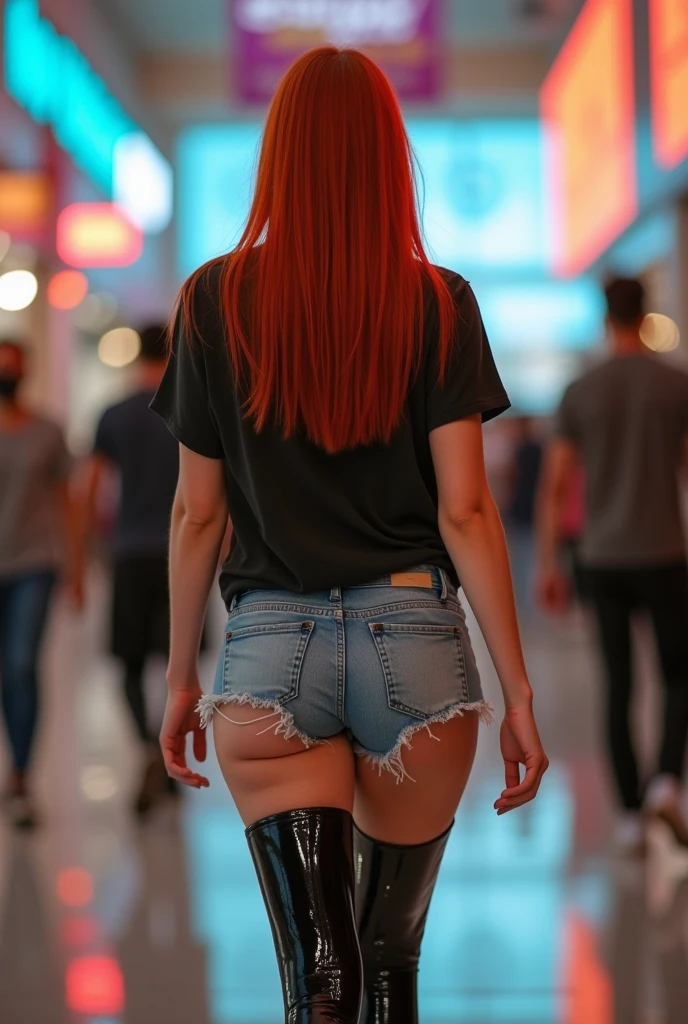 ultra realistic, photography, long red straight hair, 30 years old, hourglass figure, perfect fit body, natural big breasts, drama, soaking wet girl, t-shirt, black shiny latex stockings, cut-off jeans shorts, walking through a mall