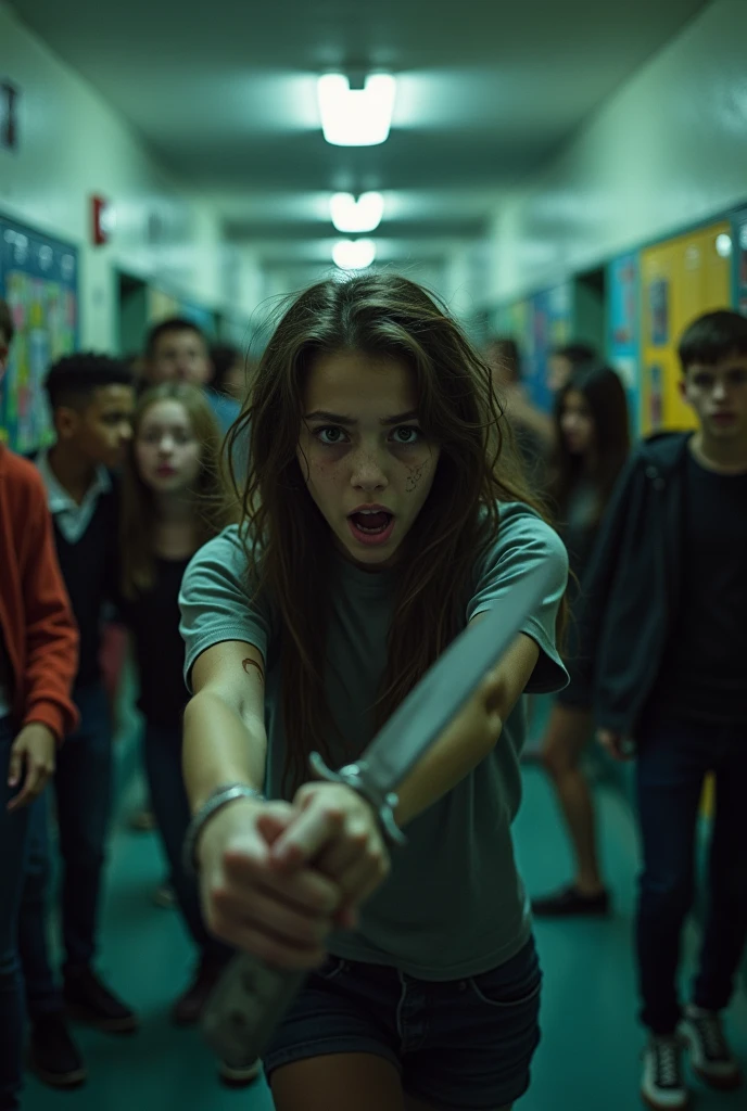 ((Ultra realistic, photorealistic, best quality 16K, best lighting)) An 1 girl with a fire axe in her hand, she is in a school hallway, the walls are white and blue, the lights are some working and others off, there are notebooks and books on the floor because many ran away from there a while ago, she wears a white t-shirt that is a little stained with blood and black leggings.