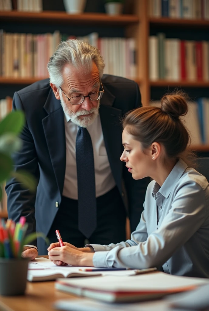The women’s desk, but now with the old man boss standing beside it. The background is slightly blurred to keep the focus on the interaction.