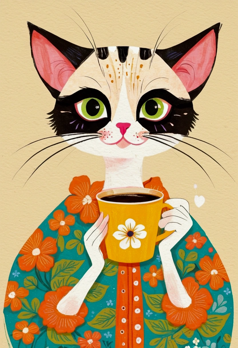 Childish Art, Folklore illustrations, Retro European Folk Art, Anthropomorphic female cat,portrait，big eyes，Hawaiian shirts， Traditional folk art style, Anthropomorphic cat, Hand holding coffee cup - paper cup，Bright colors