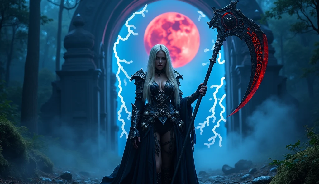 In this masterpiece, a stunning (Clara Morgane in sexy reaper cosplay:1.3), stands at the center of the frame, radiating an aura of mystique and beauty. The ultra-detailed 4K image presents her in front of a (black mana vortex:1.3) framed by the (huge gates of the realm of the dead:1.3), in the center of a necropolis surrounded by a dark jungle. The pitch-black night is lit by a few blue lightning bolts and a blood-red moon. The volumetric lighting casts a warm glow on her porcelain skin, accentuating the intricate details of her (sexy Armor of death). Her straight blonde hair is gorgeous, framing her charming smile and captivating cleavage. The mesmerizing atmosphere is punctuated by (blue thunderstorms and lightning) in the surreal dark sky, as if the heavens themselves are summoning her presence. The composition masterfully balances depth and complexity, drawing the viewer's eye to the perfect body, with its impeccable anatomy and tantalizing pose. (Charming smile), (Beautiful Big tits:1.3), (Finely crafted black tiara), She holds a huge scythe covered in blood red runes in her hand. (Photorealistic), (Dark theme). (Beautiful naked navel:1.5). Her high-quality sexy armor, composed of a black bikini and (pieces decorated with skulls), (blue eyes), (blond hair), (black cape with hood). (ultra detailed). (very high quality wallpaper), (4k), (sharp image).