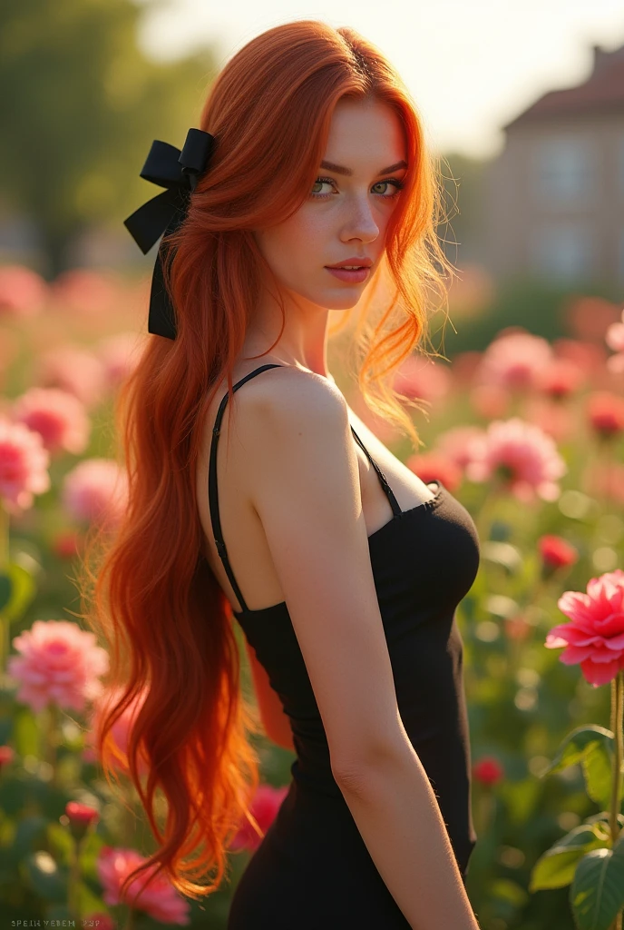 ultra realistic, photography, long red straight hair, 24 years old, hourglass figure, perfect fit body, natural medium breasts, (Best Quality,high resolution), a small black bow in her hair, vivid colors, Sharp focus, beautiful detailed eyes, beautiful detailed lips, White skin, Lovely makeup, soft and flowing hair, delicate features, elegant pose, gentle smile, background with flowers, garden landscape, soft sunlight, full body picture