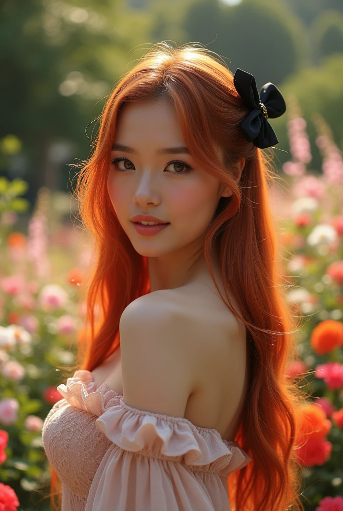 ultra realistic, photography, long red straight hair, 24 years old, hourglass figure, perfect fit body, natural medium breasts, (Best Quality,high resolution), a small black bow in her hair, vivid colors, Sharp focus, beautiful detailed eyes, beautiful detailed lips, White skin, Lovely makeup, soft and flowing hair, delicate features, elegant pose, gentle smile, background with flowers, garden landscape, soft sunlight, full body picture