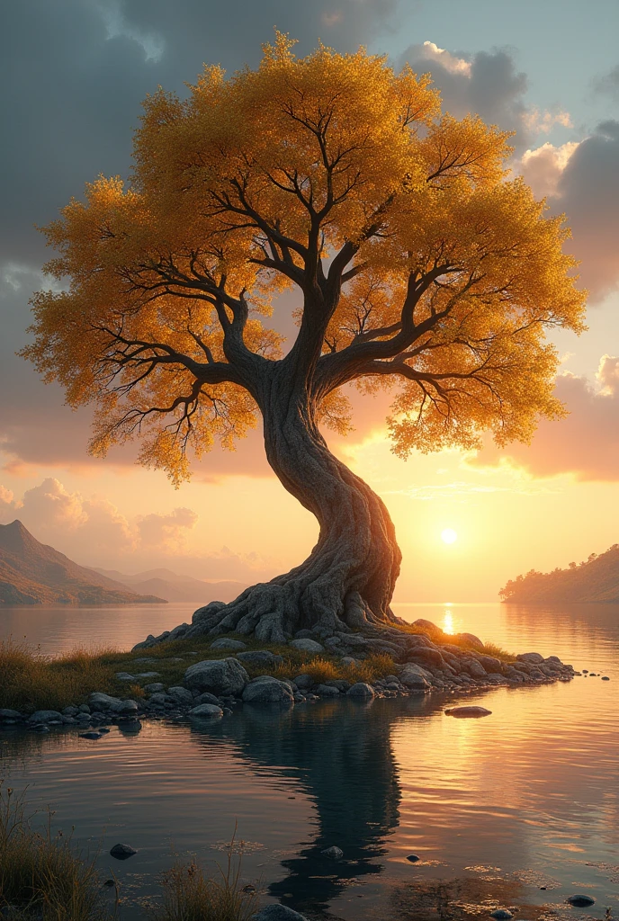 Yggdrasil with golden leaves in the wind on a huge piece of land and water around it
