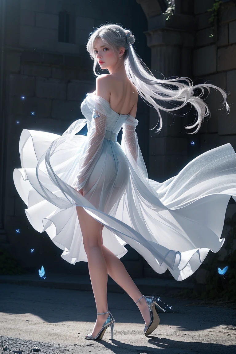 ((Girl standing in front of the castle wall))、Fluorescent color、One Girl、Look to the side、Beautiful Face、Beautiful Eyes、(Big Blue Eyes)（Rear view)、(look back）、（Silver blunt hair）、Shiny Hair、Glowing Skin、Reduce glare、Finger Proportion Adjustment、Escrow、Butt viewpoint、Dynamic Angle、（（Master Parts））、（（Highest quality））、（（（Ultra Details）、（An illustration）、（Detailed light）、（Very delicate and beautiful）、Dramatic Shadows、Ray tracing、reflection、Ultra-high resolution、（（Master Parts））、（（Highest quality））、（（Ultra HD））。 Ultra-high resolution、((Colorful hair and mesh))、Her hair flutters in the wind、(Big deep blue eyes)、Silvery white hair、haired woman、Sparkling Butterfly、Sparkling Butterfly、黒haired woman、Points of light around the woman、Magical Aura、Green dot、The nature of the aura、Magical Aura黒haired woman、 ((Translucent blue one-shoulder dress： 1. 3)、(No sleeve)、((The skirt flutters up in the wind))、((An old European castle stands in the distance))、(Full Body Shot),(Long legs)、(High heels),