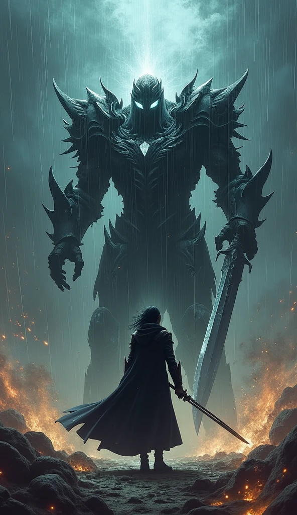 Vortex, wearing a black coat with long black hair, faces off against a giant Death Knight in black armor. The Death Knight's eyes shine with an unholy light, and he swings his giant Shadow Sword. Vortex, wearing a black coat with long black hair, charges forward, and their swords clash, sending sparks and dark energy swirling. The ground shakes as the two warriors engage in a fierce battle.