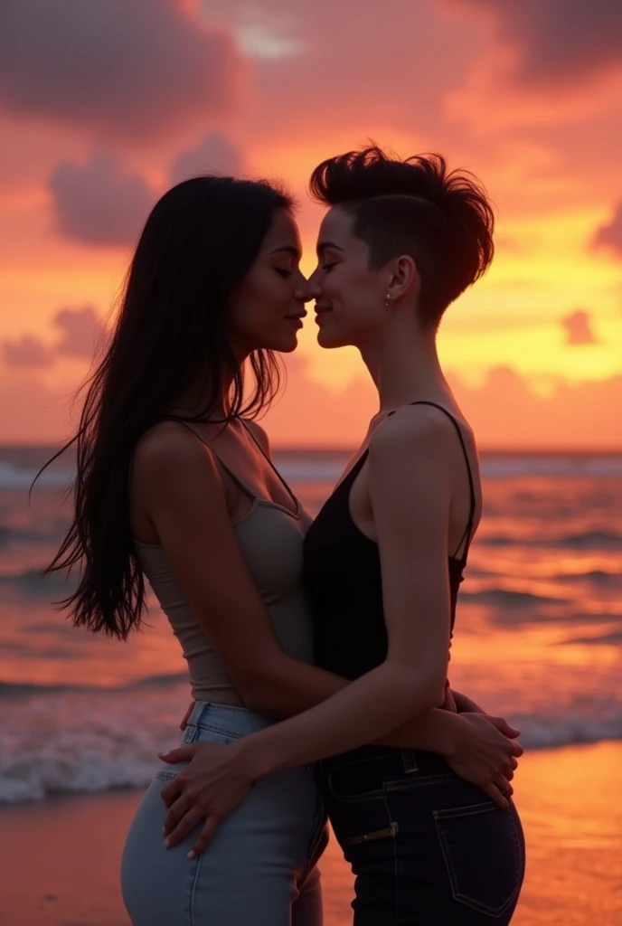 One indian and one american woman kissing on beach wearing bikini.they are kissing with tongue.tongue kissing.pressing each others breasts.hd image