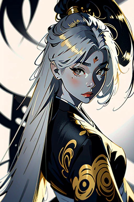 (1 girl: 1,3), ((black and white picture)), geisha, ((zen)), (masterpiece, highest quality, best quality: 1,3), extremely detailed background, Zen calligraphy, unique visual effect. behind, curvy, golden hair. realistic. golden hair. The whole body+