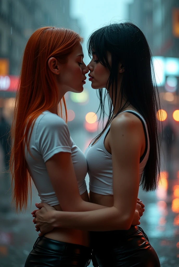 redhead women, kissing, under the rain, wearing transparent lingerie, income, under the rain, with hands touching your buttocks