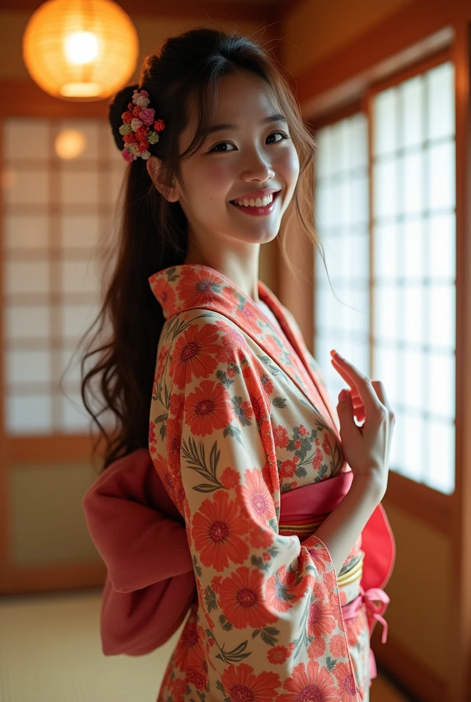 An attractive and cheerful woman in a kimono invites you to have sex in a Japanese-style room