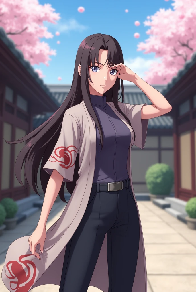 Create a 3D image of adult Hanabi Hyuga from Naruto. She has long, dark brown hair that flows down her back, with a more mature and refined appearance. Her pale lavender eyes are calm yet vigilant, showcasing her mastery of the Byakugan. Hanabi wears a sleek, dark-colored ninja outfit that blends traditional and modern elements—a fitted, high-collared sleeveless top paired with dark pants and shinobi sandals. Over her outfit, she has a light, short-sleeved kimono-style jacket with subtle Hyuga clan patterns, signifying her status within the clan. She stands confidently, one hand raised in front of her as if ready to activate the Gentle Fist technique, with her other hand prepared for precise strikes. The background is a tranquil Hyuga clan courtyard, surrounded by traditional wooden buildings and cherry blossoms gently falling, adding to the serene yet powerful atmosphere