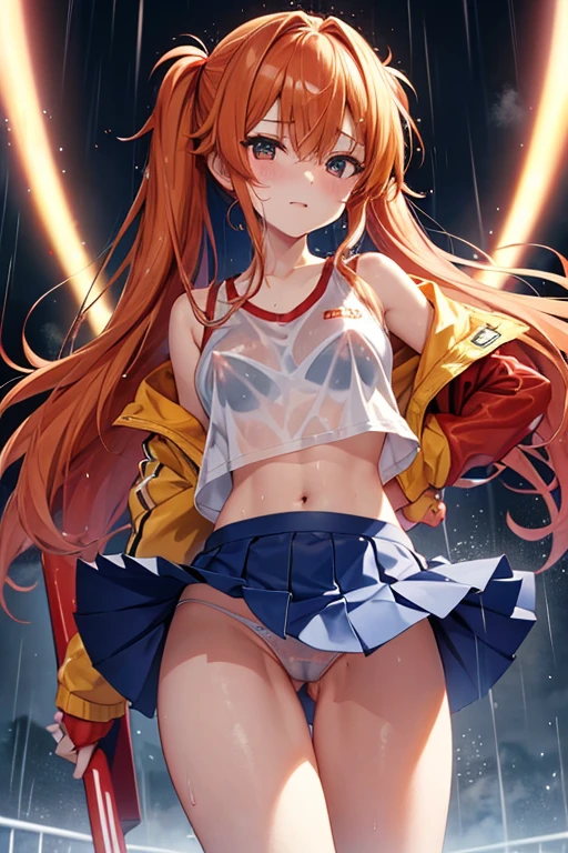 Shikinami Asuka Langley, Jacket, Cheerleader, Ultra mini skirt, Sheer skirt, Wet and see-through costume, Ground, Wide legged,  Sweat, Panties, Pasties, Half-naked, rain