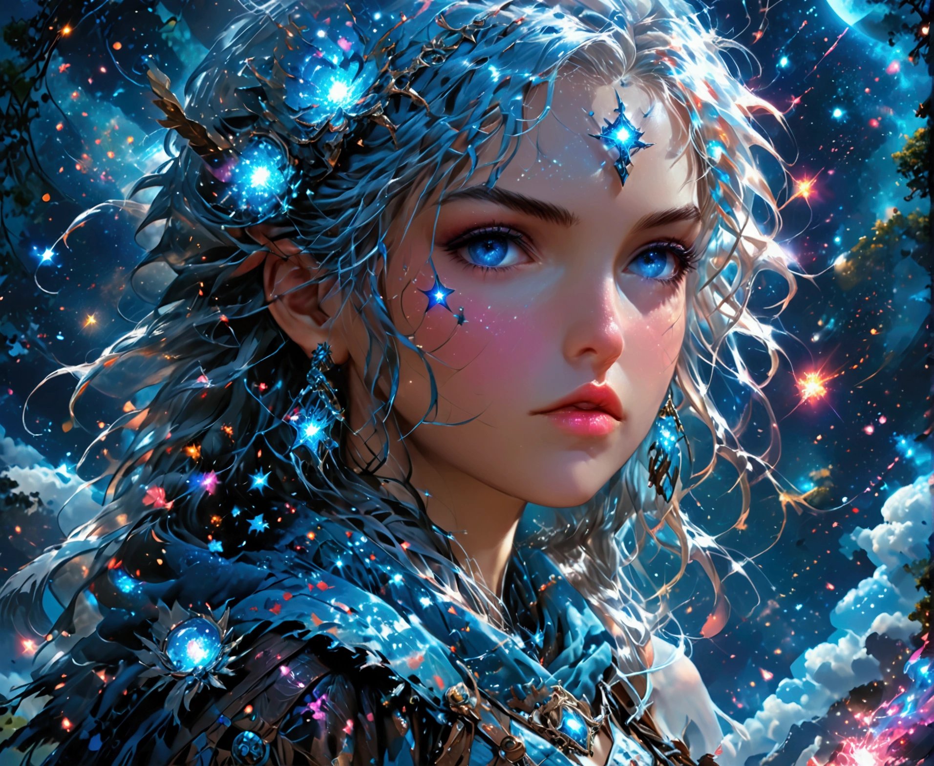 comic art , dnd art, rpg art, realistic art, female human druid of the stars, guardian of nature, controlling magical energy made of stars, swirling blue stary magical light, divine symbols, (under the sky filled with stars: 1.4, human female, busty, extremally beautiful, ultra feminine, dynamic hair, dynamic hair color, wearing leather armor, holding a staff, moon light, stars,  dynamic natural background,  RPG art, magical atmosphere magic-fantasy-sky full with colorful stars, high details, best quality, 16k, [ultra detailed], masterpiece, best quality, (extremely detailed), dynamic angle, ultra wide shot, photorealistic, ((fantasy art)) ultra best realistic, best details, best quality, 16k, [ultra detailed], masterpiece, best quality, (extremely detailed), ultra wide shot, photorealism, depth of field, hyper realistic painting, rpg portrait, mad-nbla