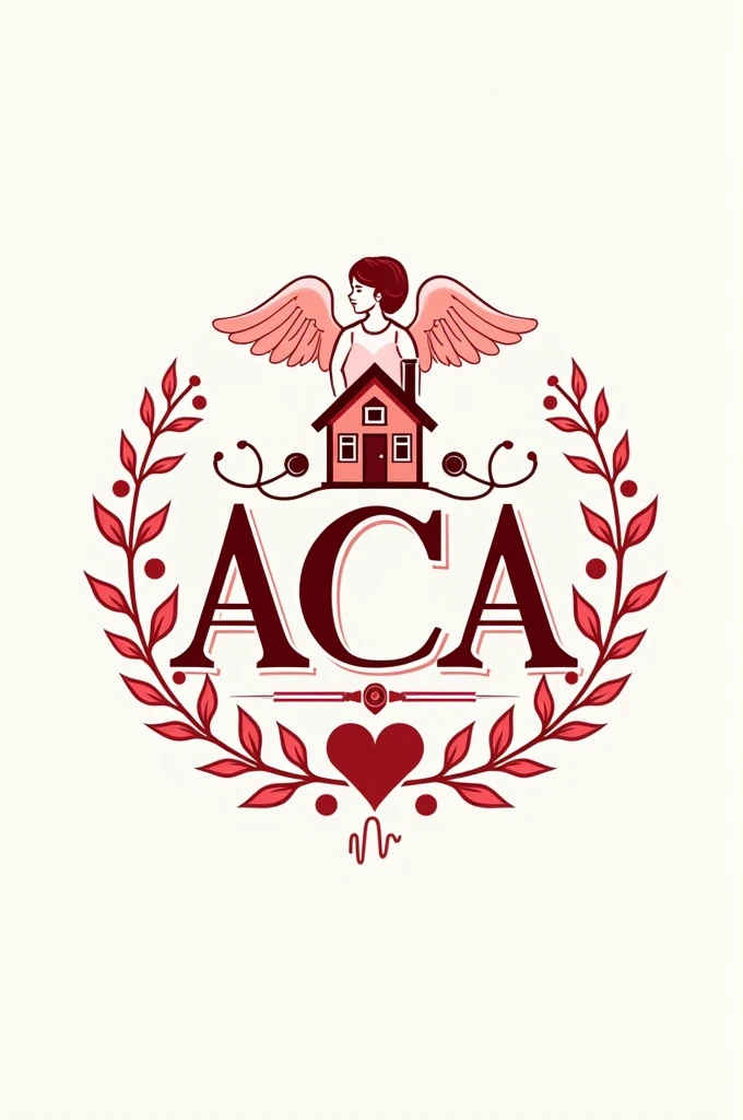 Vintage and elegant logo with the initials “ACA”. Focused on home medical care for the elderly. Highlighted an angel, a house and medical items. Mainly pink and red in color 