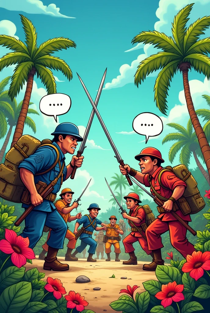 Soldiers having a war with filipinos in cartoon 