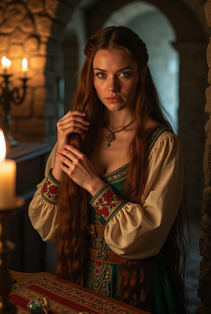 photorealism:1.2), medieval woman in a castle grooming and willing to steal something else