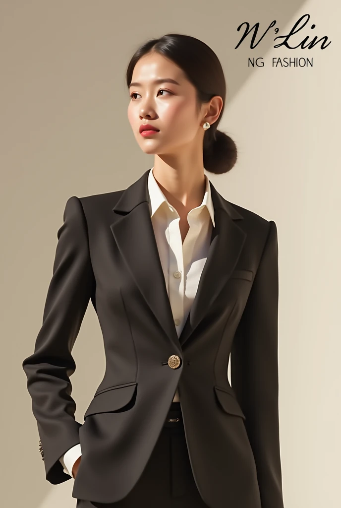 Create a fashion poster featuring a women's blazer as the main product, with the brand name 'N'Lin' prominently displayed in the image. The poster should exude elegance and sophistication, appealing to young women with a refined and trendy sense of style. Use a minimalist design with a clean background, focusing on the blazer's details and quality. The typography should be sleek and modern, and the placement of 'N'Lin' should be tasteful yet noticeable, reinforcing the brand's identity within the high-fashion market