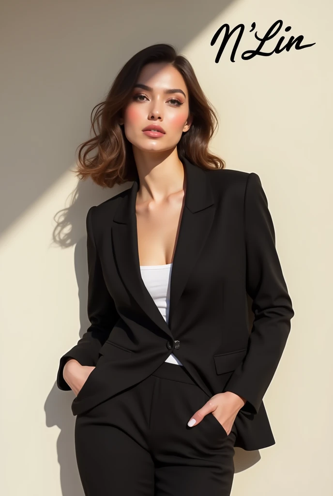 Create a fashion poster featuring a women's blazer as the main product, with the brand name 'N'Lin' prominently displayed in the image. The poster should exude elegance and sophistication, appealing to young women with a refined and trendy sense of style. Use a minimalist design with a clean background, focusing on the blazer's details and quality. The typography should be sleek and modern, and the placement of 'N'Lin' should be tasteful yet noticeable, reinforcing the brand's identity within the high-fashion market