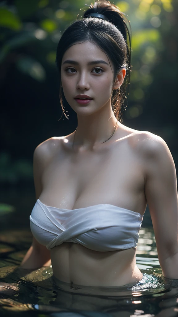 beautiful girl ,Thai Female Warrior, bathing in a swiming pool at the forest, dynamic poses, Red and black strapless shirt, Long ponytail,black eyes,abdominal muscles,plumpy body, rounded breast, (big breast:1.3), cleavage, Morning sunshine,Eyes on the audience,rain,((face details)),Double eyelids, reeds, (backlighting), realistic, masterpiece, highest quality, lens flare, shade, bloom, [[chromatic aberration]], by Jeremy Lipking, by Antonio J. Manzanedo, digital painting, HDR, high contrast
