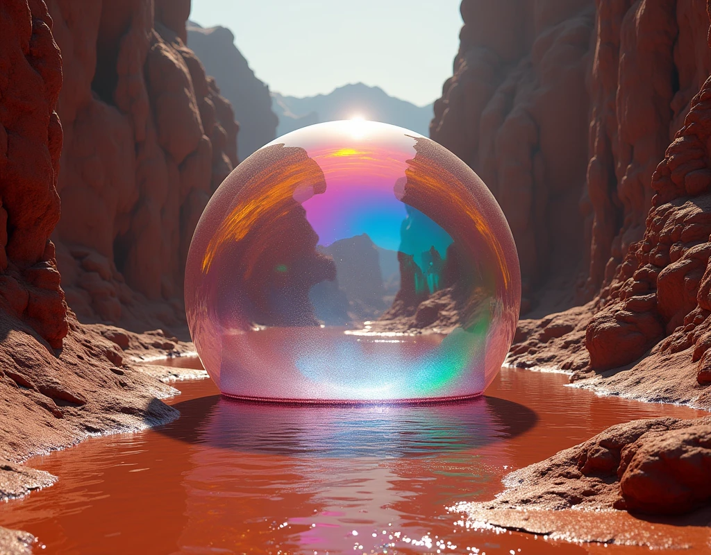 there is a veiny dark bubble growing in a rift between two martian land masses, the bubble anchored itself to rift walls, and climbing higher, astronauts are witnessing it for the first time, ethereal rainbow bubbles, iridescent soapy bubbles, ethereal bubbles, bubble, foamy bubbles, soap bubbles, rainbow bubbles, air bubbles, water bubble, magic bubble barrier, bubbles rising, huge bubbles, liquid sculpture, magic bubble barrier, bubbles rising, huge bubbles, bubbly closed cell foam and froth at the base of the bubble, the main structure can be seen from satellite pictures, viewer and astronauts are inside a terraformed alien bubble. the biological membrane of the bubble surface is reminiscent of botanotech from series raised by wolves,