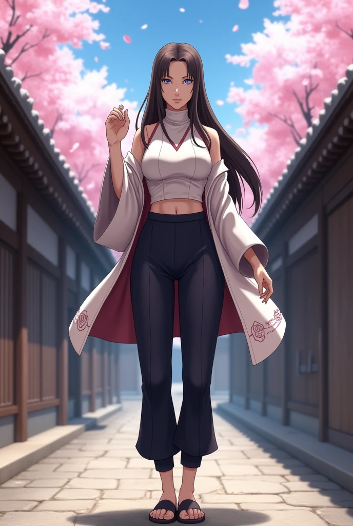 Create a 3D image of adult Hanabi Hyuga from Naruto. She has long, dark brown hair that flows down her back, with a more mature and refined appearance. Her pale lavender eyes are calm yet vigilant, showcasing her mastery of the Byakugan. Hanabi wears a sleek, dark-colored ninja outfit that blends traditional and modern elements—a fitted, high-collared sleeveless top paired with dark pants and shinobi sandals. Over her outfit, she has a light, short-sleeved kimono-style jacket with subtle Hyuga clan patterns, signifying her status within the clan. She stands confidently, one hand raised in front of her as if ready to activate the Gentle Fist technique, with her other hand prepared for precise strikes. The background is a tranquil Hyuga clan courtyard, surrounded by traditional wooden buildings and cherry blossoms gently falling, adding to the serene yet powerful atmosphere