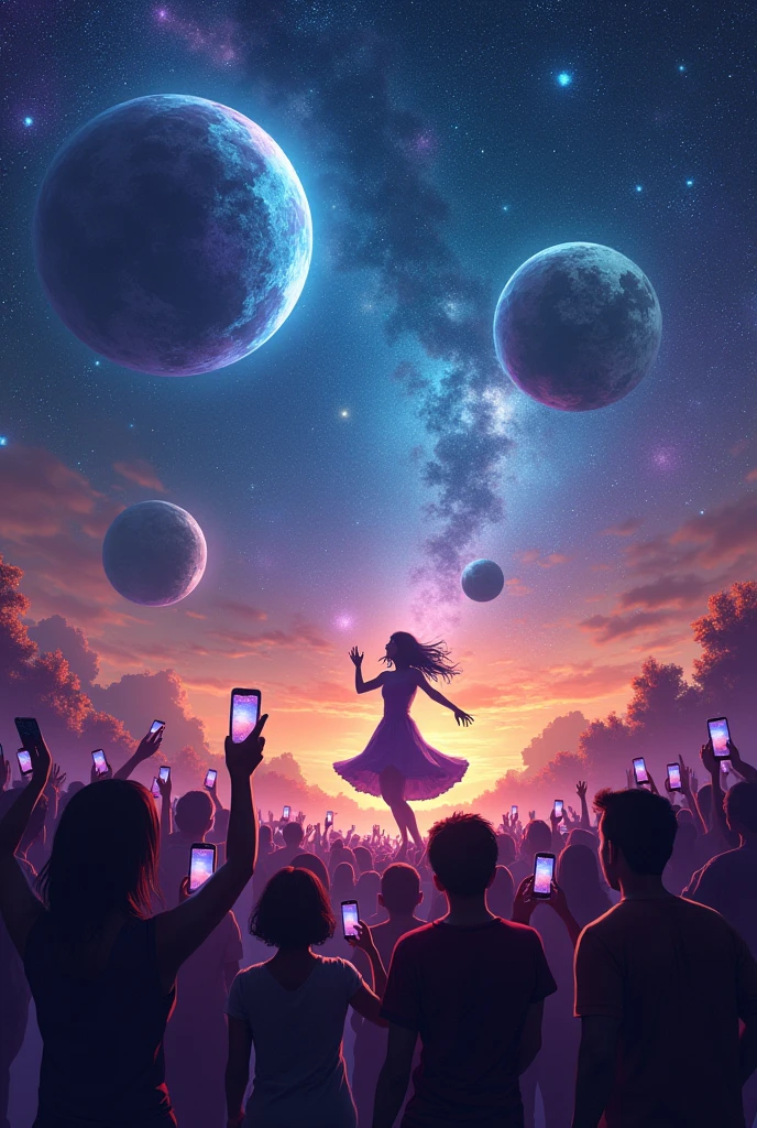 A new planet where only people play smartphone. Dancing on social media Someone held a phone and filmed another person dancing. Everyone has a mobile phone. people standing on stars in space Can see other planets in space